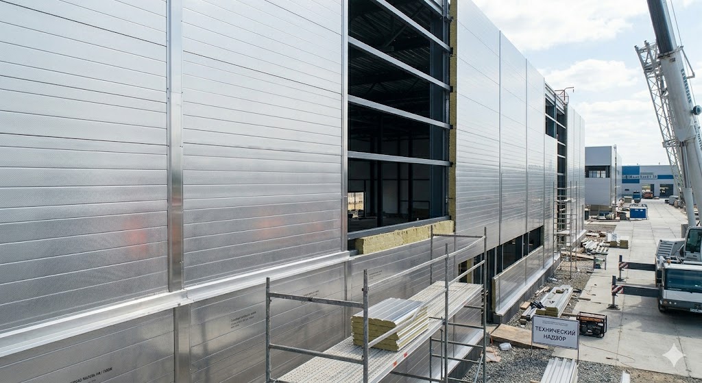 Монтаж стеновых нержавеющих сэндвич панелей на фасаде